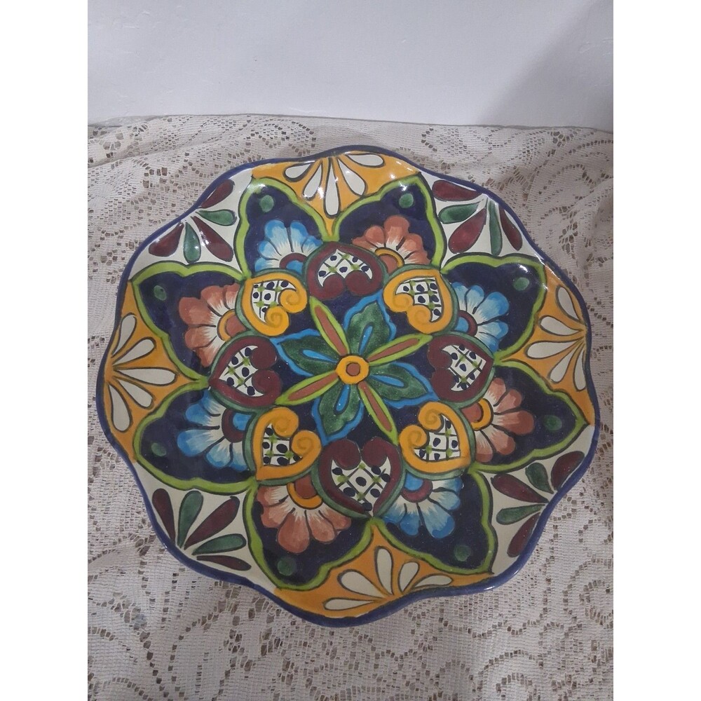 Vtg Talavera Venegas Floral Hanging Platter Serving Bowl Signed  12” Folk Art
